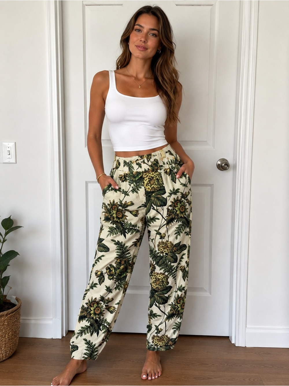 Karen Millen Cream Wide-Leg Floral Print Pants